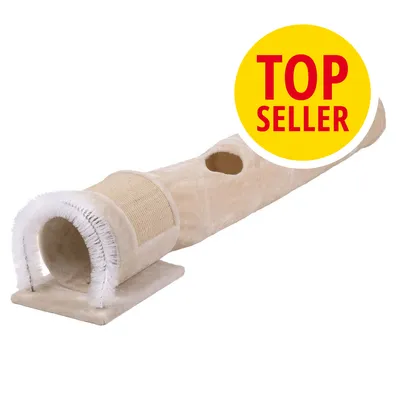 Tunnel per gatti in tessuto beige con ingresso circolare, superficie tiragraffi e foro superiore. Cerchio giallo con testo rosso: TOP SELLER.