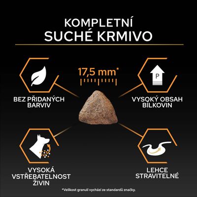 Súche krmivo, veľkosť granúl 17,5 mm, bez farbív, vysoký obsah bielkovín, vysoká vstrebateľnosť živín, ľahko stráviteľné.