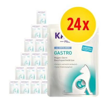 KATTOVIT Feline Gastro med anka och ris, 24-pack. Text på förpackning: fettarm och lättsmält, hög elektrolythalt, förbättrad receptur.
