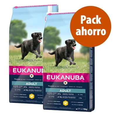 2 sacos de pienso seco Eukanuba Adult para perros grandes y gigantes, 15 kg cada uno. Texto visible: Pack ahorro. 2 sacos de pienso seco Eukanuba Adult para perros grandes y gigantes, 15 kg cada uno. Texto visible: Pack ahorro.
