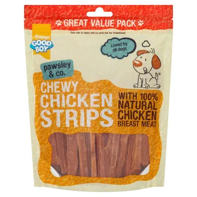 Chewy chicken strips with 100% natural chicken breast meat, great value pack. Text on pack: Loved by all dogs, pawsley & co.
