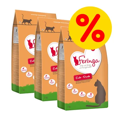 Feringa Trockenfutter Ente mit Kürbis, Cranberry und Katzenminze, 3 x 2 kg. Hochwertige Katzennahrung, getreidefrei. Prozentzeichen für Rabattaktion.