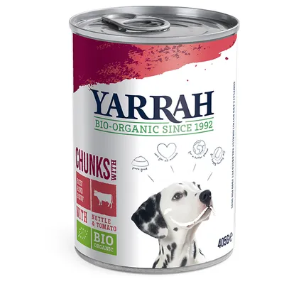 Yarrah Bio-Organic Since 1992 koiran märkäruoka, naudanlihaa, nokkosta ja tomaattia. Chunks with beef and nettle & tomato. BIO ORGANIC. 405 g tölkki, dalmatialaiskoiran kuva.