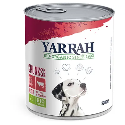 Yarrah BIO-ORGANIC SINCE 1992, CHUNKS WITH BEEF, WITH NETTLE & TOMATO, BIO ORGANIC, dåse med dalmatiner, 820 g