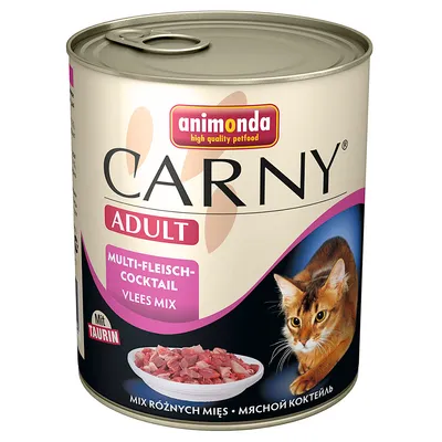 Blik Animonda Carny Adult kattenvoer, Multi-Fleisch-Cocktail Vlees Mix, met afbeelding van kat en schaal vlees. Tekst: mit Taurin.
