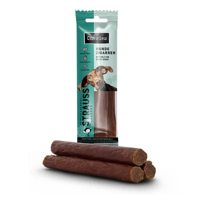 Chewies dog cigars with ostrich and berries, grain-free, muscle meat, vitamin boost. Packaging shows a dog image and the product.