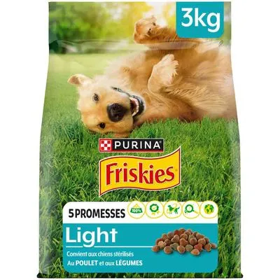 Purina Friskies Light hondenvoer, 3 kg. Tekst: 5 Promesses, Light, convient aux chiens stérilisés, au poulet et aux légumes. Afbeelding van brokjes en een hond op gras. Purina Friskies Light hondenvoer, 3 kg. Tekst: 5 Promesses, Light, convient aux chiens stérilisés, au poulet et aux légumes. Afbeelding van brokjes en een hond op gras.