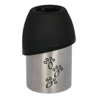 Récipient en inox avec couvercle noir, décoré de trois empreintes de pattes noires sur la face avant. Aucun texte ou marque visible.