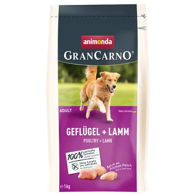 Animonda GranCarno Adult pollame e agnello, Made in Germany, 100% ingredienti di valore, senza cereali aggiunti, ricco di carne fresca, confezione da 1kg.