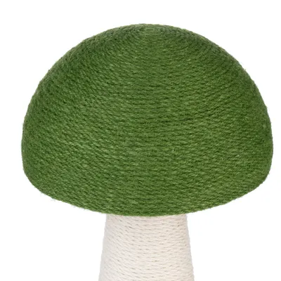 Arbore pentru zgâriat în formă de ciupercă, cu înveliș de sisal verde și trunchi alb.