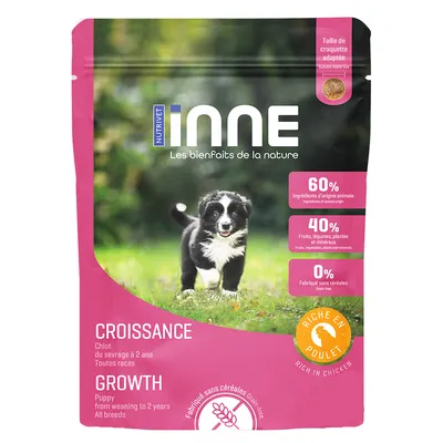 NutriVet Inne Growth, pentru căței de la înțărcare până la 2 ani, toate rasele. 60% ingrediente de origine animală, 40% ingrediente vegetale, 0% cereale. Bogat în pui, dimensiune adaptată a crochetelor.