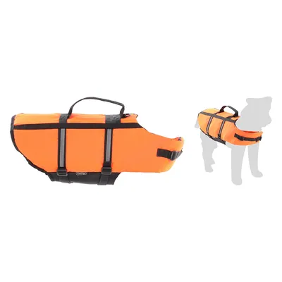 Orangefarbene Hundeschwimmweste mit schwarzen Gurten und Griff, gezeigt in Seitenansicht und an einer Hundesilhouette.