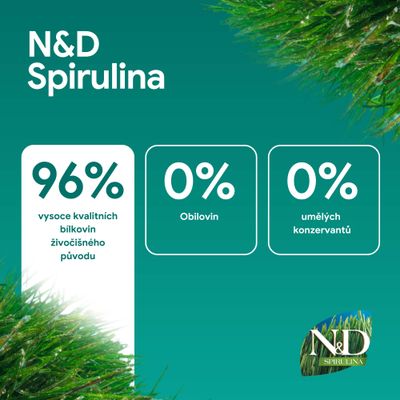 N&D Spirulina: 96 % kvalitných živočíšnych bielkovín, 0 % obilnín, 0 % umelých konzervačných látok.