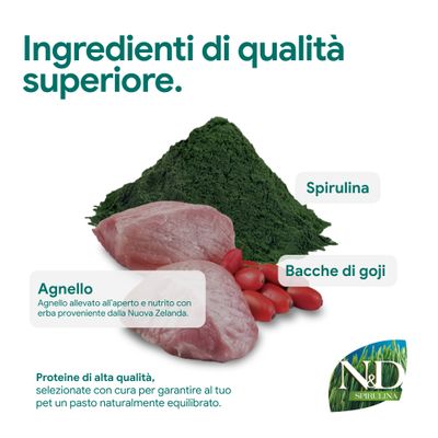 Componenti di alta qualità: spirulina, bacche di goji, agnello dalla Nuova Zelanda. Proteine di alta qualità per pasti equilibrati. Marchio N&D Spirulina ben visibile.