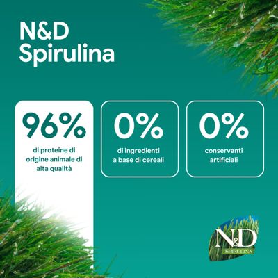 N&D Spirulina: 96% proteine animali, 0% ingredienti cerealicoli, 0% conservanti artificiali