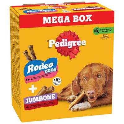 Pedigree Mega Box with Rodeo Duos and Jumbone, 780g. Contains 24 Rodeo Duos and 4 Jumbones. With Omega 3, vitamin E and less than 5% fat.