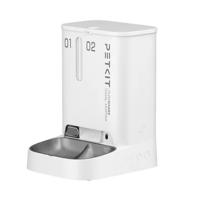PETKIT YUMSHARE Dual-Hopper Futterautomat mit zwei Kammern, weisses Design und Edelstahl-Futterschale.