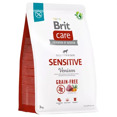Brit Care Sensitive Venison Digestion & Skin, Grain-Free, mit Kokosöl, ohne Hühnerfett, für Haut und Fell, Immunität, 3 kg Beutel sichtbar.