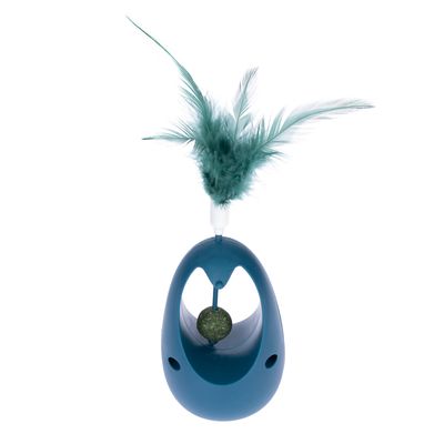 Speelgoed met groene bal en groene veren, bevestigd aan een blauwe kunststof behuizing.