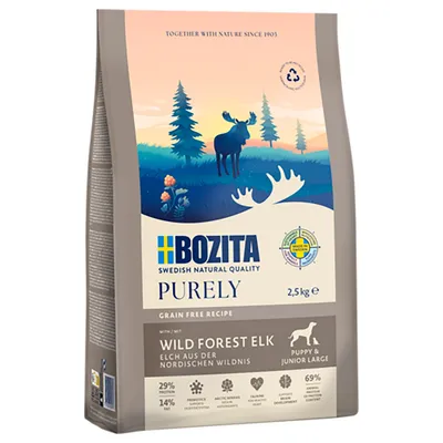 Bozita Purely Wild Forest Elk, rețetă fără cereale, 2,5 kg. Elan din sălbăticia nordică, pentru Puppy & Junior Large. 29% proteină, 14% grăsime, Arctic Herbs, susține dezvoltarea articulațiilor.