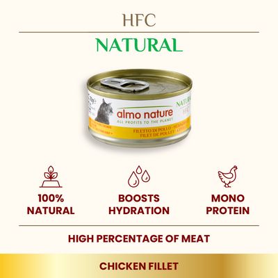 almo nature HFC Natural chicken fillet cat food tin. Text: 100% natural, boosts hydration, mono protein, high percentage of meat, chicken fillet, all profits to the planet.