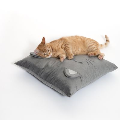 Chat roux allongé sur un coussin gris en tissu avec motif visage de chat et oreilles en relief, fond blanc uni.