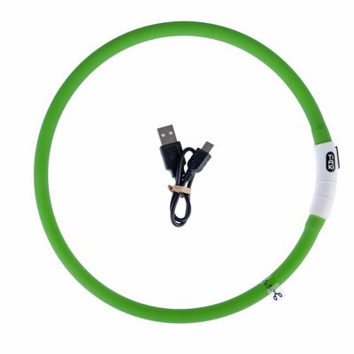Green LED collar with USB charging cable, brand Tiaki.