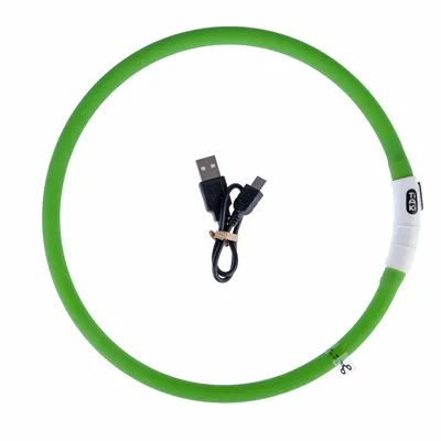 Grünes LED-Halsband mit USB-Ladekabel, Marke Tiaki.