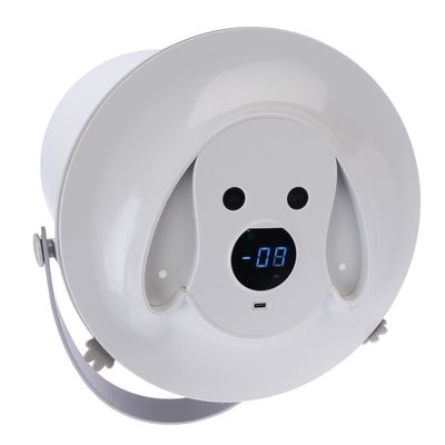 White device with digital display showing '-08', 'ON' and 'OFF' buttons, and USB port. Round shape with carrying handle.