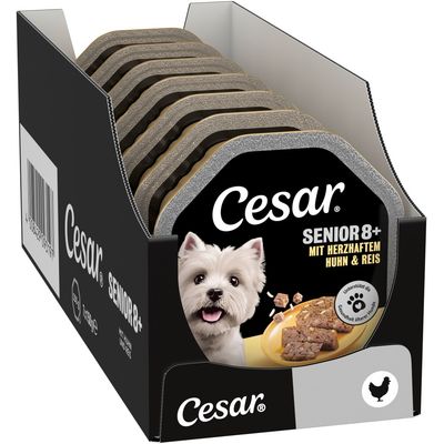 Cesar Senior 8+ with hearty chicken & rice, supports the health of older dogs, multiple portion trays in black packaging.