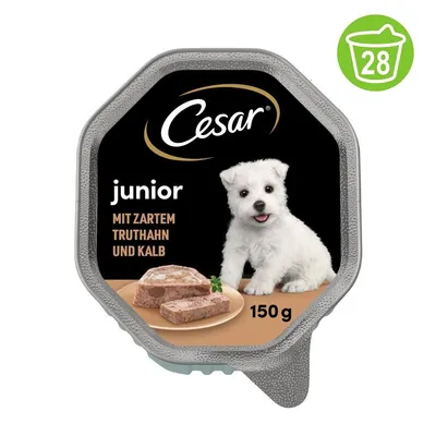 Cesar junior, 150 г. Видима консерва с надпис: MIT ZARTEM TRUTHAN UND KALB. Изображение на бяло кученце и порция пастет. Зелен символ с кофа и числото 28. Cesar junior, 150 г. Видима консерва с надпис: MIT ZARTEM TRUTHAN UND KALB. Изображение на бяло кученце и порция пастет. Зелен символ с кофа и числото 28.