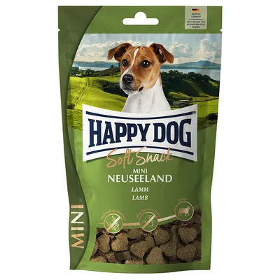 Happy Dog Soft Snack Mini Neuseeland Lamm. Brez žit, brez dodanega sladkorja, jagnjetina. Embalaža z okencem, kjer so vidni prigrizki v obliki srčkov.