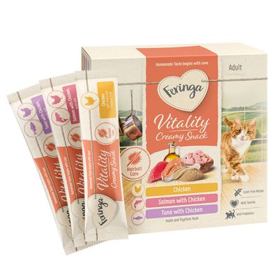 Feringa Vitality Creamy Snack for adult cats. Varieties: chicken, salmon with chicken, tuna with chicken. Grain-free recipe with taurine and prebiotics. Hairball care with inulin and psyllium husks.