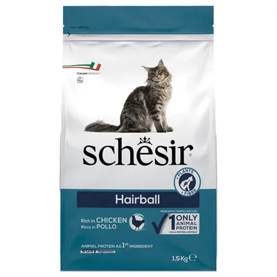Schesir Hairball kattenvoer, rijk aan kip, 1,5 kg. Dierlijk eiwit als eerste ingrediënt, licht verteerbaar, plantaardige vezels ter ondersteuning van haarbalvermindering.