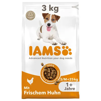 IAMS hundfoder med färsk kyckling, 3 kg, för hundar från 1 år, storlek S/M under 25 kg, 100 % komplett och balanserad näring, återvinningsbar förpackning.