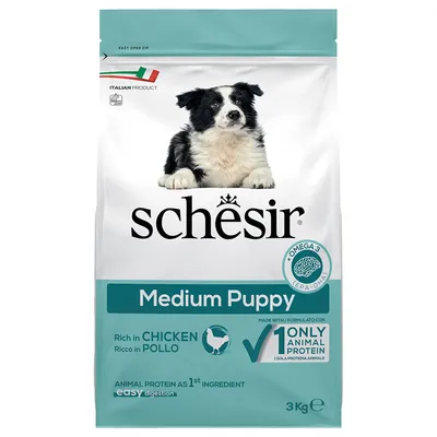 Schesir Medium Puppy, rijk aan kip, 1 dierlijk eiwit, Omega-3 EPA-DHA, licht verteerbaar, Italiaans product, 3 kg verpakking.