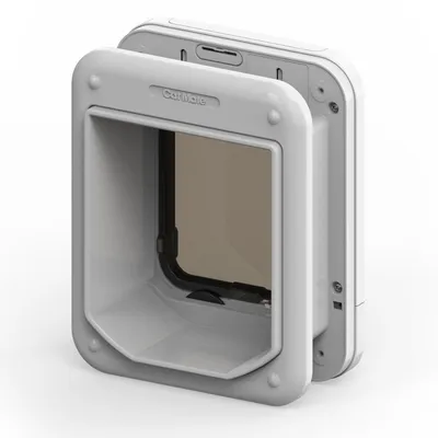 Cat Mate cat flap in white with transparent door and sturdy plastic frame.