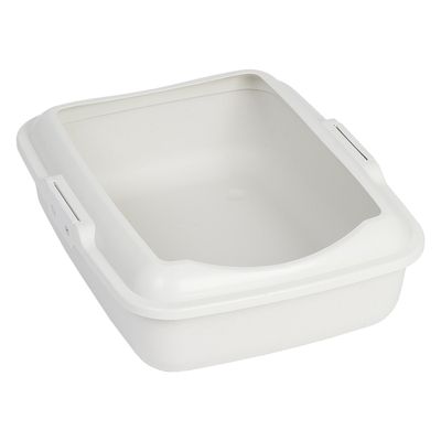 Odprta pravokotna posoda iz bele plastike z znižanim sprednjim robom in ročaji na straneh. Ni vidnih blagovnih znamk ali besedila.