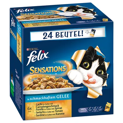 Purina felix Sensations kattenvoer, 24 zakjes. Smaken: zalm in gelei met garnalen, forel met spinazie, koolvis met tomaat, sardine met wortel. Tekst deels in het Duits.