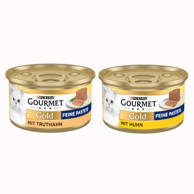 24 x Purina Gourmet Gold Feine Pastete mit Truthahn -kissan märkäruokapurkkia, näkyvissä valkoinen kissa ja annospala etiketissä