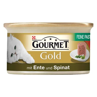 GOURMET Gold kattenvoer, feine pastete met eend en spinazie. Afbeelding van witte kat en portie paté op een bord. Tekst deels in het Duits: 'mit Ente und Spinat'.