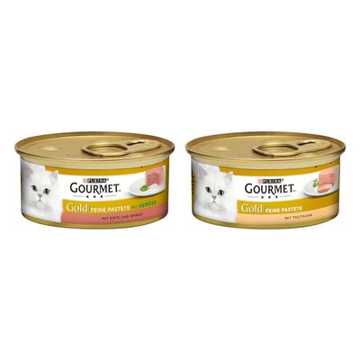 Purina Gourmet Gold finom pástétom csirkével, 48 doboz. Látható: aranyszínű doboz macskamintával és pástétomdarab tányéron.