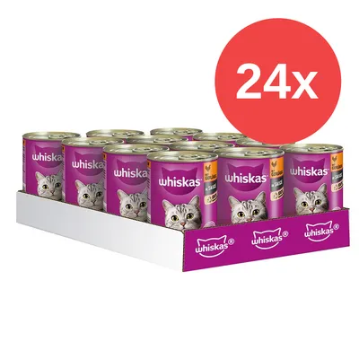 Whiskas Katzenfutter in Sauce, Geschmacksrichtung Geflügel, 24 Dosen im Karton. Verpackung zeigt graue Katze und Whiskas-Logo.