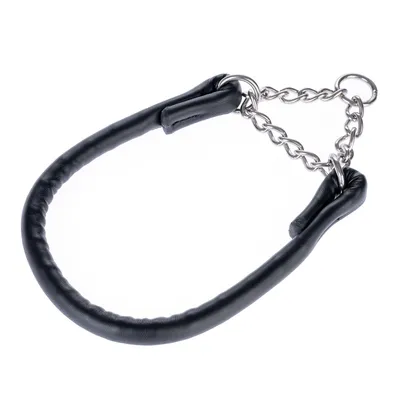 Schwarzes Hundehalsband mit gepolstertem Leder und Metallkette, geeignet für Training oder Spaziergänge. Schwarzes Hundehalsband mit gepolstertem Leder und Metallkette, geeignet für Training oder Spaziergänge.