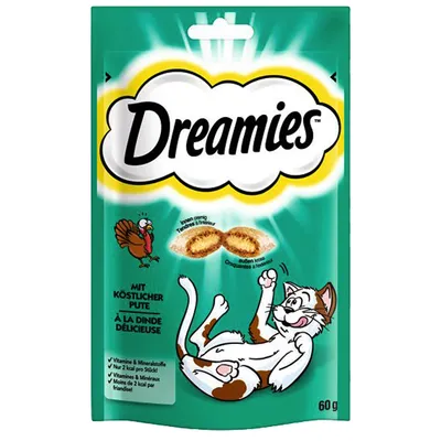 Dreamies с вкусна пуйка, хрупкави отвън, кремообразни отвътре. Опаковка 60 г. Съдържа витамини и минерали, само 2 ккал на брой.