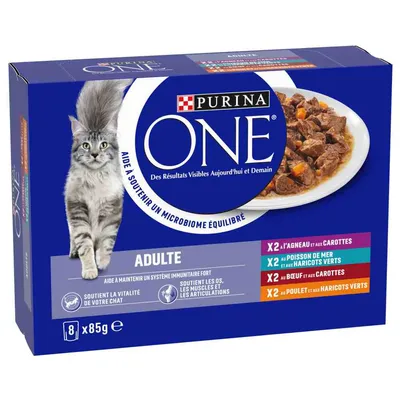Purina ONE Adult Katzenfutter, 8x85g. Sorten: Lamm mit Karotten, Seefisch mit grünen Bohnen, Rind mit Karotten, Huhn mit grünen Bohnen. Unterstützt Immunsystem und Vitalität.