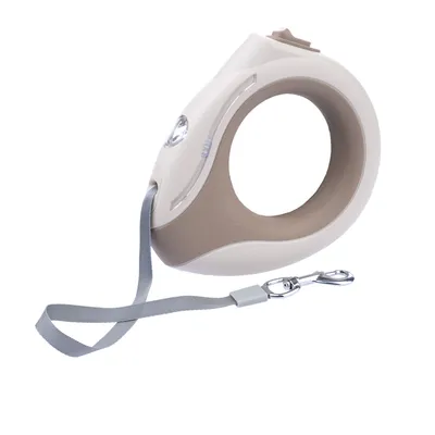 Guinzaglio per cani beige-grigio con manico ergonomico, fettuccia estensibile e moschettone in metallo.