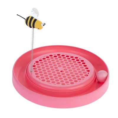 Giocattolo per gatti rotondo e rosa con un'ape gialla mobile su una molla e una pista per palline sul bordo.
