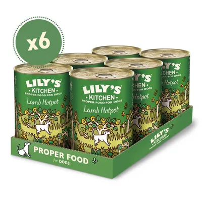 Pack of 6 tins labelled 'Lamb Hotpot' with 'Proper food for dogs' text visible on packaging.