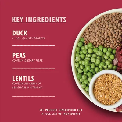 Key ingredients: duck as high quality protein, peas with dietary fibre, lentils containing beneficial B vitamins. See product description for full ingredient list.